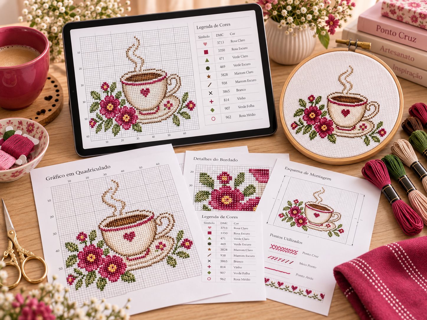 Gráficos de ponto cruz em tablet e folhas A4 impressas