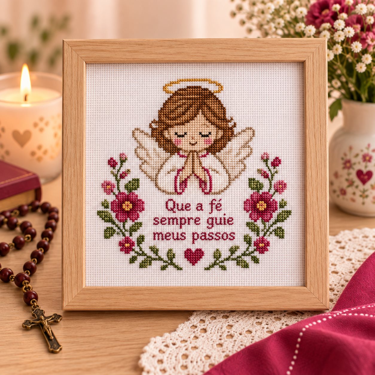 Quadro de anjo bordado em ponto cruz